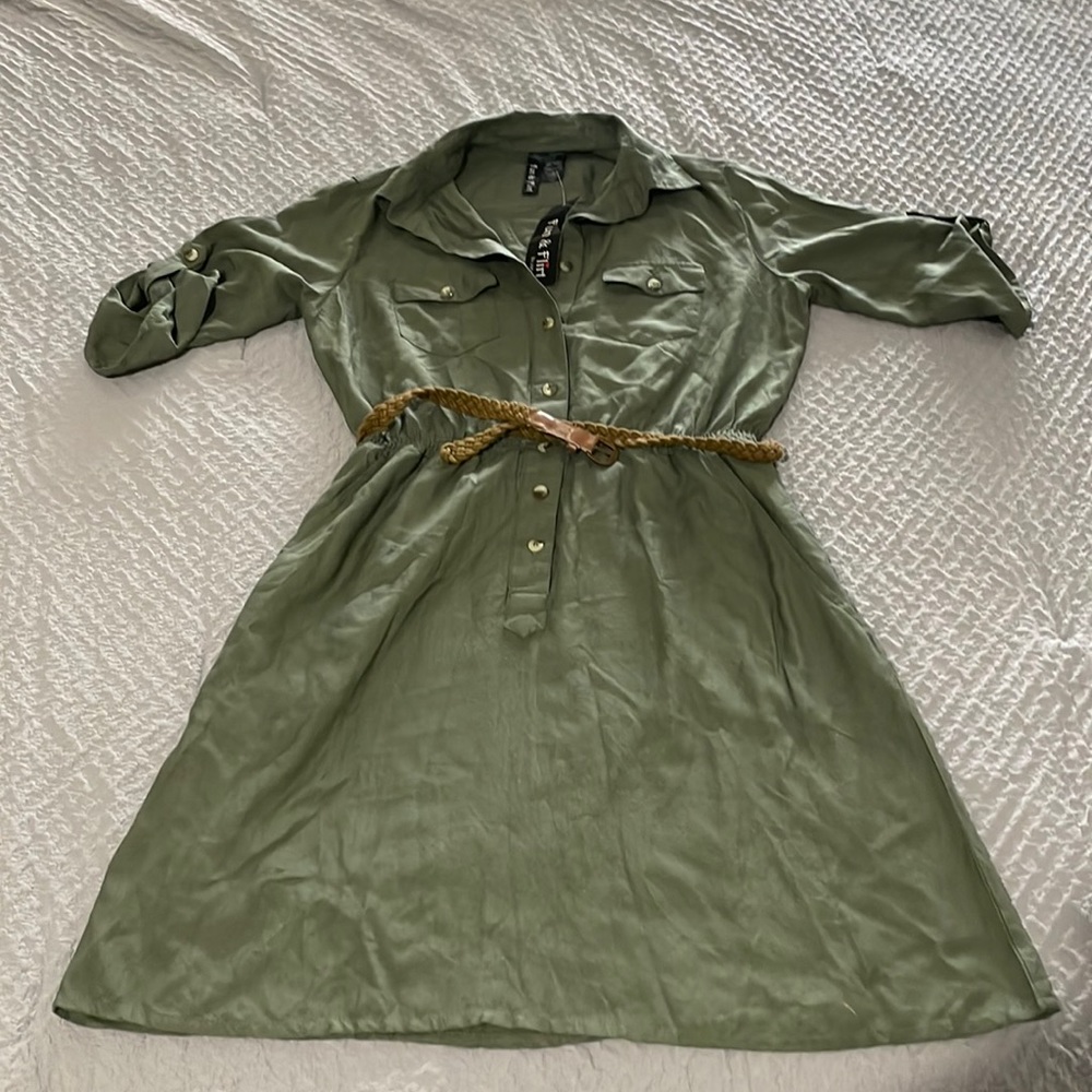 New Army Green cotton dress with belt, never worn, size small